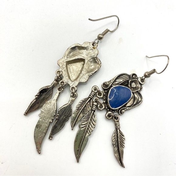Blue Stone Feather Dangle Western Silver Tone Long Earrings - Picture 7 of 8